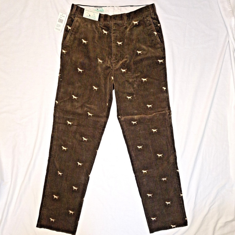 CASTAWAY Nantucket 34 Waist Brown Corduroy Labrador Dog Unhemmed Pants USA Made